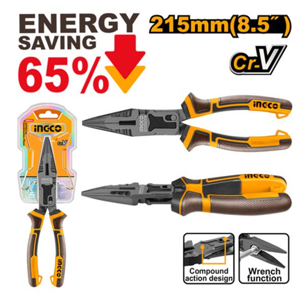 Kìm mũi dài trợ lực cao cấp 8.5 inch/215mm Ingco HCLNP58200
