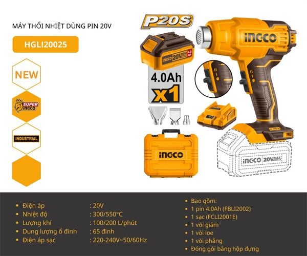 Máy khò hơi nóng dùng pin 20V INGCO HGLI20025