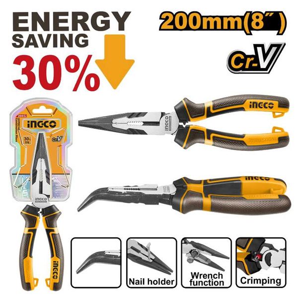 Kìm mũi cong có trợ lực 8 inch/200mm Ingco HHBNP28201