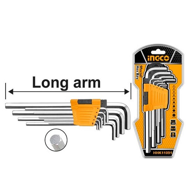 Bộ lục giác đầu bằng dài 9 chi tiết thép S2 hệ mét Ingco HHK11091