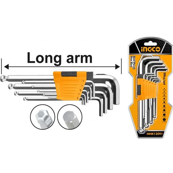 Bộ lục giác đầu bi dài 9 chi tiết thép S2 hệ mét Ingco HHK12091
