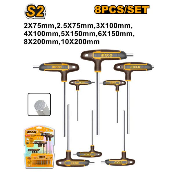 Bộ 8 chìa lục giác tay cầm chữ T đầu phẳng Ingco HHKT8081