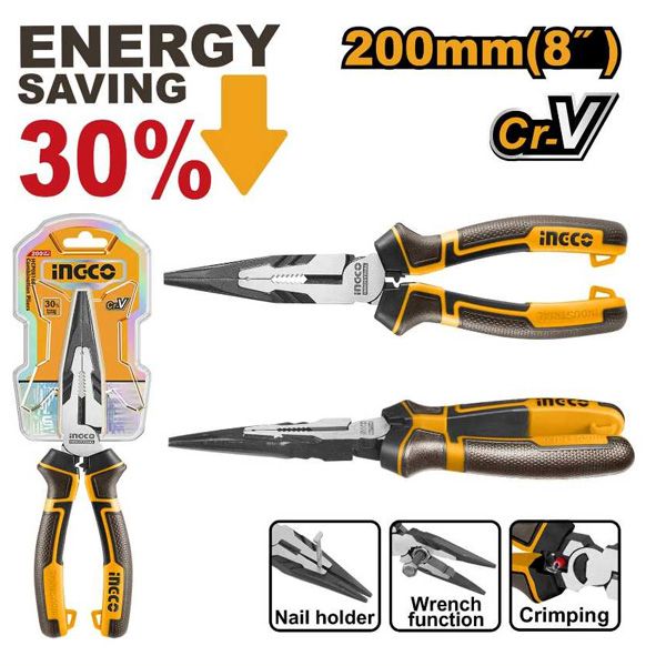 Kìm mũi nhọn mỏ dài cao cấp 8 inch/200mm Ingco HHLNP28200