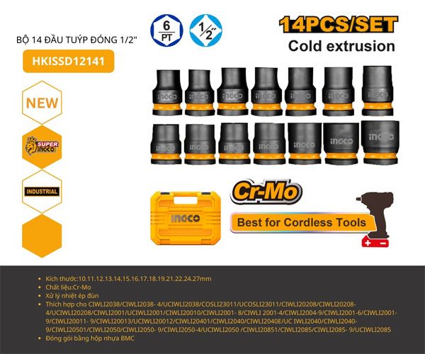 Bộ 14 đầu tuýp 1/2 inch INGCO HKISSD12141