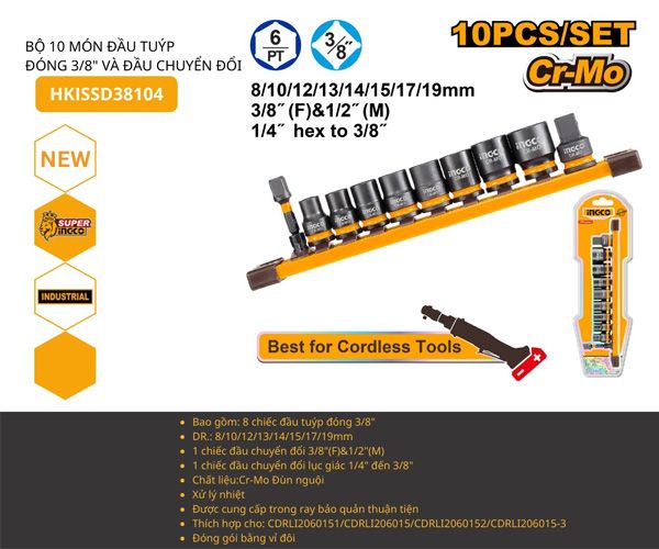 Bộ 10 đầu tuýp 3/8 inch và đầu chuyển INGCO HKISSD38104
