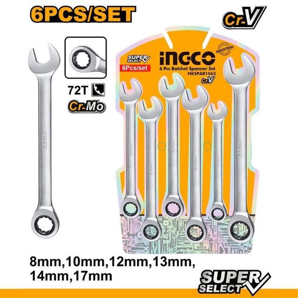 Bộ cờ lê miệng vòng tự động 6 chi tiết 8-17mm Ingco HKSPAR1062