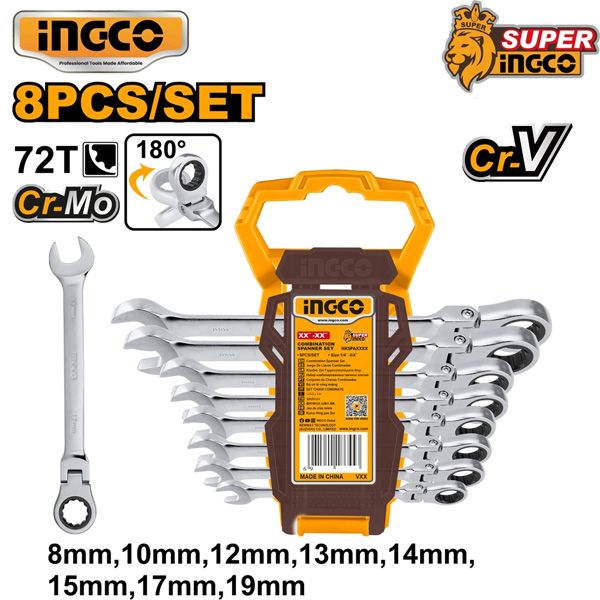 Bộ cờ lê miệng vòng lắc léo 8 chi tiết 8-19mm Ingco HKSPAR1083