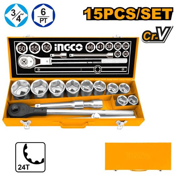 Bộ đầu tuýp và cần mở 3/4 Inch 15 chi tiết Ingco HKTS034151