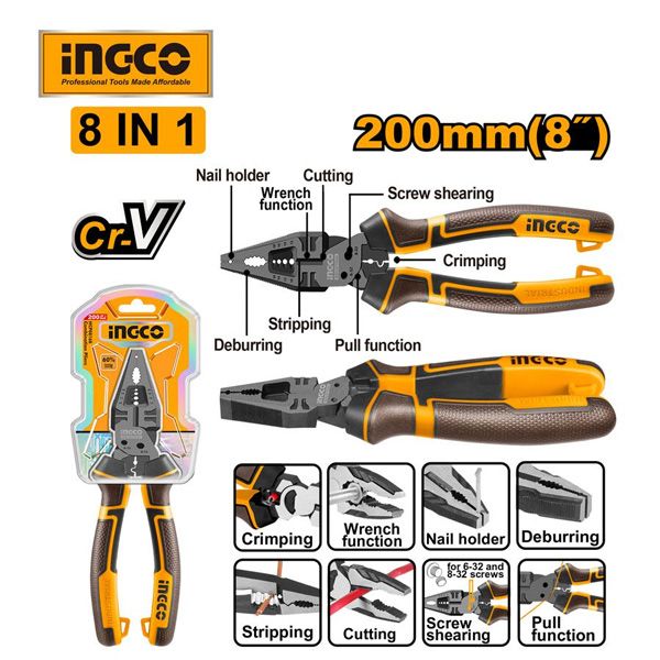 Kìm răng đa năng 8 trong 1 cao cấp 8 inch/200mm Ingco HMFCP28200