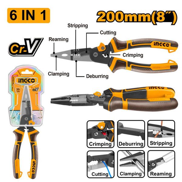 Kìm mũi dài đa năng 6 trong 1 cao cấp 8 inch/200mm Ingco HMFLNP28200