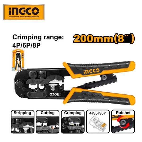 Kìm bấm cos dây điện trợ lực 8 inch/200mm Ingco HMPCN2468R