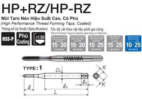 Mũi Taro nén hiệu suất cao có phủ Yamawa cho thép HRZP41.2BB (M1.2x0.25)