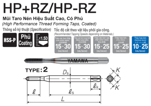 Mũi Taro nén hiệu suất cao có phủ Yamawa cho thép HRZP41.6DB (M1.6x0.35)