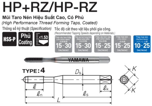  Mũi Taro nén hiệu suất cao có phủ Yamawa cho thép HRZP65.0KP (M5x0.8) 