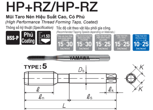  Mũi Taro nén hiệu suất cao có phủ Yamawa cho thép HRZM78.0NP (M8x1.25) 