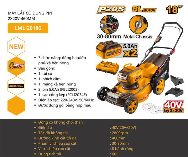 Máy cắt cỏ xe đẩy 460mm dùng pin 2x20V INGCO LMLI20186
