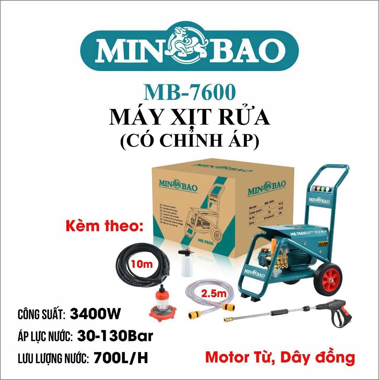  Máy xịt rửa xe có chỉnh áp 3400W MINBAO MB-7600 