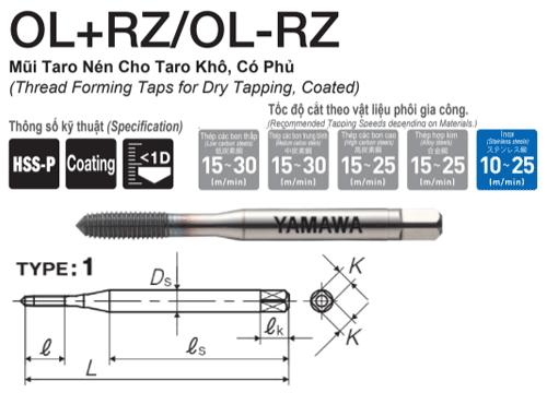Mũi Taro nén khô có phủ Yamawa cho thép OLRZP41.2BP (M1.2x0.25)
