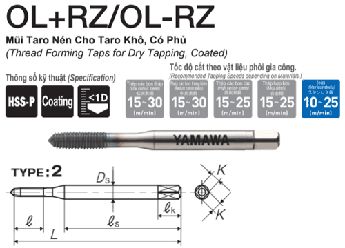 Mũi Taro nén khô có phủ Yamawa cho thép OLRZP41.7DP (M1.7x0.35)
