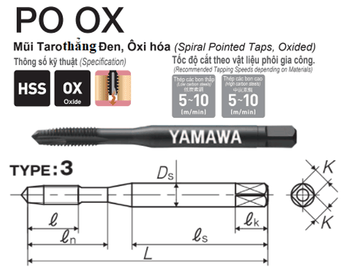  Mũi taro rãnh thẳng oxide hóa bề mặt Yamawa POQ2.0EX (M2x0.4) 