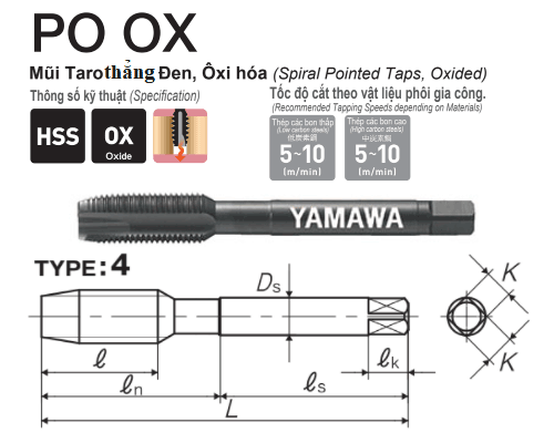  Mũi taro rãnh thẳng oxide hóa bề mặt Yamawa POS016QX (M16x2) 