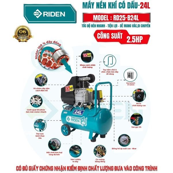 Máy nén khí có dầu 2.5HP bình 24L Riden RD25-B24L