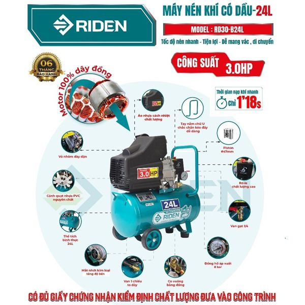 Máy nén khí có dầu 3HP bình 24L Riden RD30-B24L