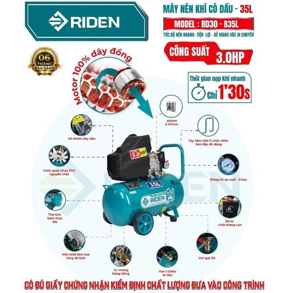 Máy nén khí có dầu 3HP bình 35L Riden RD30-B35L