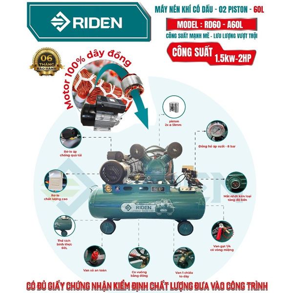 Máy nén khí dây curoa 2HP bình 60L Riden RD60-A60L