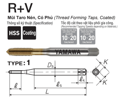 Mũi Taro nén phủ TIN Yamawa cho sắt RVP41.4CP (M1.4x0.3)
