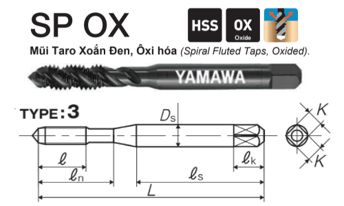  Mũi taro rãnh xoắn, oxi hóa bề mặt Yamawa SPQ4.0IX (M4x0.7) 