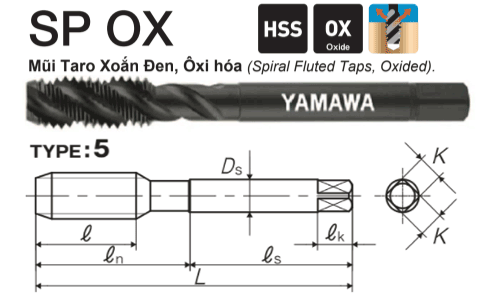  Mũi taro rãnh xoắn, oxi hóa bề mặt Yamawa SPQ012PX (M12x1.75) 