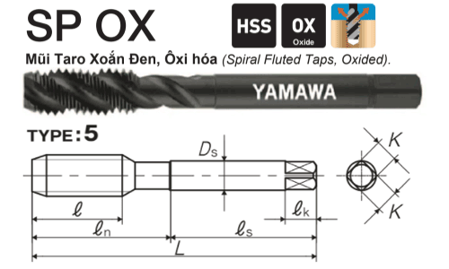  Mũi taro rãnh xoắn, oxi hóa bề mặt Yamawa SPQ010OX (M10x1.5) 
