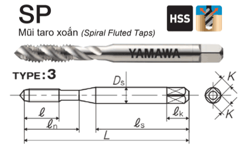 Mũi Taro xoắn trắng Yamawa SPP3.0G (M3x0.5)