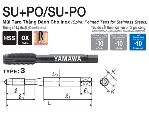  Mũi taro rãnh thẳng chuyên chạy Inox Yamawa PUMQ4.0I (M4x0.7) 