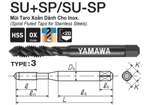 Mũi taro rãnh xoắn chuyên chạy Inox Yamawa SUPP2.0E (M2x0.4) 