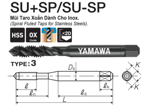  Mũi taro rãnh xoắn chuyên chạy Inox Yamawa SUPQ4.0I (M4x0.7) 