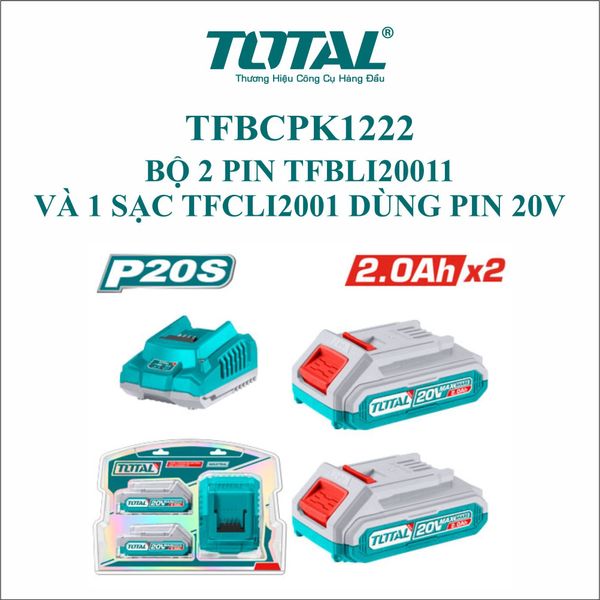 Bộ 2 Pin 20Vx2.0Ah và sạc 20V Total TFBCPK1222