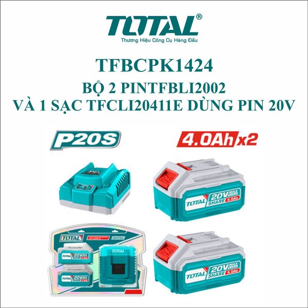 Bộ 2 Pin 20Vx4.0Ah và sạc nhanh 4A Total TFBCPK1424
