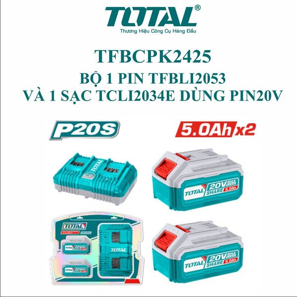 Bộ 2 pin và 1 sạc đôi P20S 20Vx5.0Ah Total TFBCPK2425