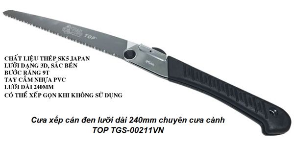 Cưa xếp cán đen lưỡi dài 240mm chuyên cưa cành TOP TGS-00211VN