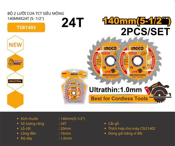Bộ 2 lưỡi cưa TCT siêu mỏng 140mmx24T INGCO TSB1403