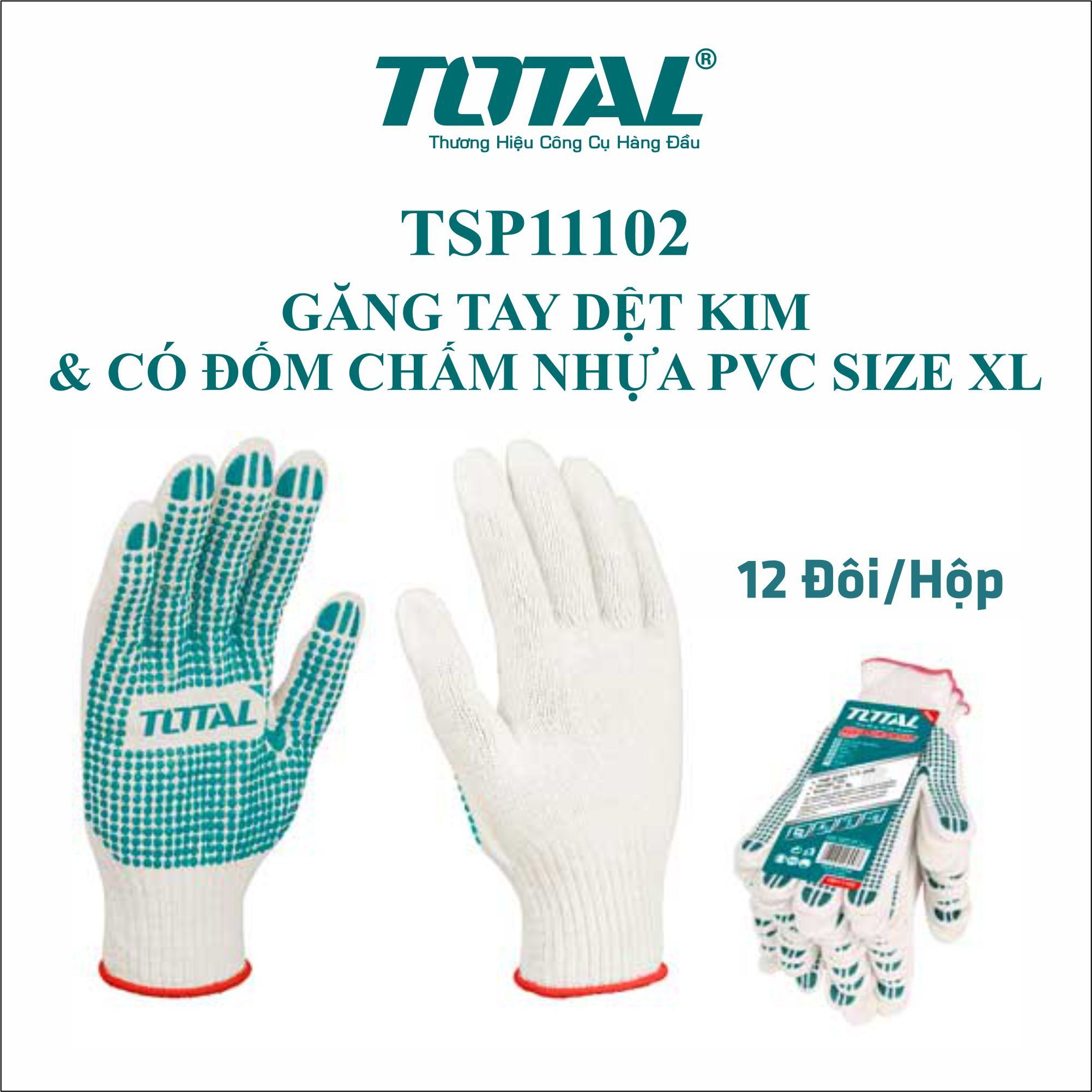  Găng tay dệt kim & có đốm chấm nhựa PVC size XL Total TSP11102 