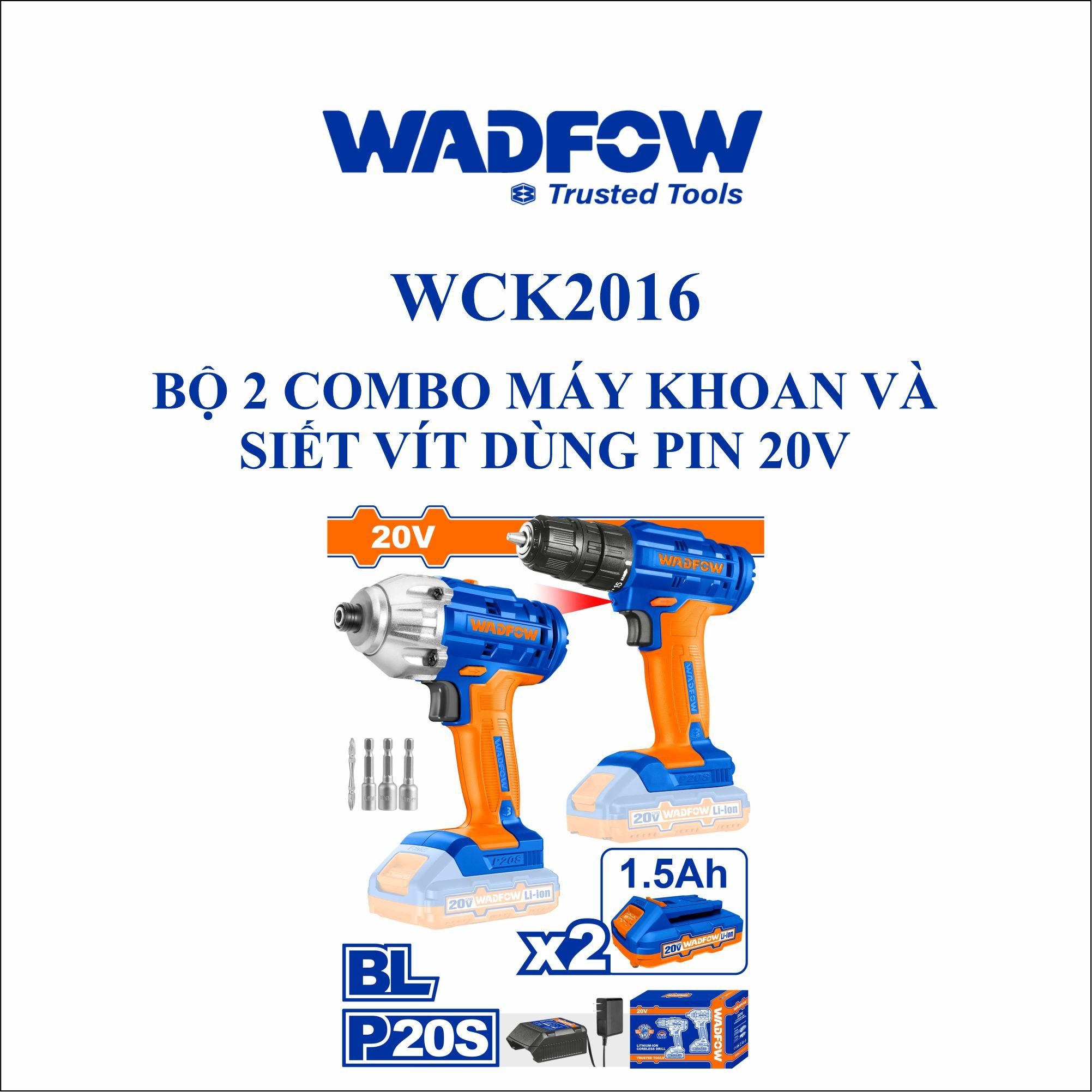  Bộ combo 2 máy khoan và vặn vít dùng pin 20V WADFOW WCK2016 