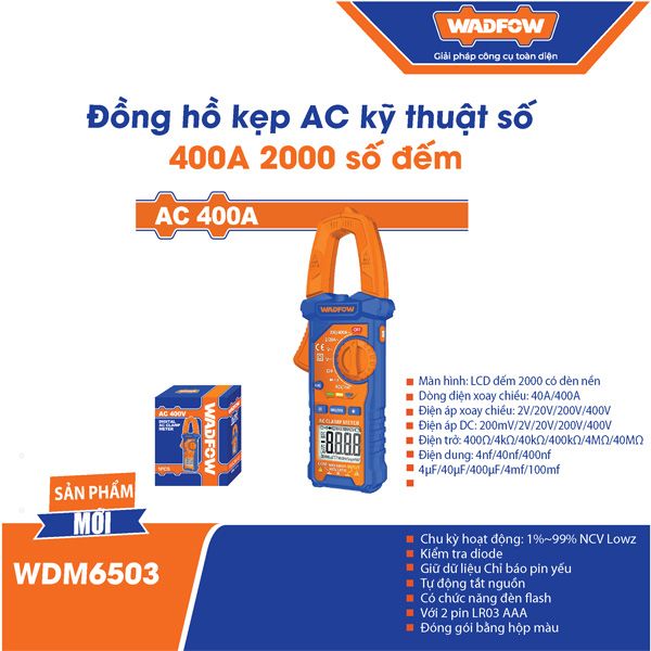Đồng hồ kẹp AC kỹ thuật số 400A 2000 số đếm WADFOW WDM6503