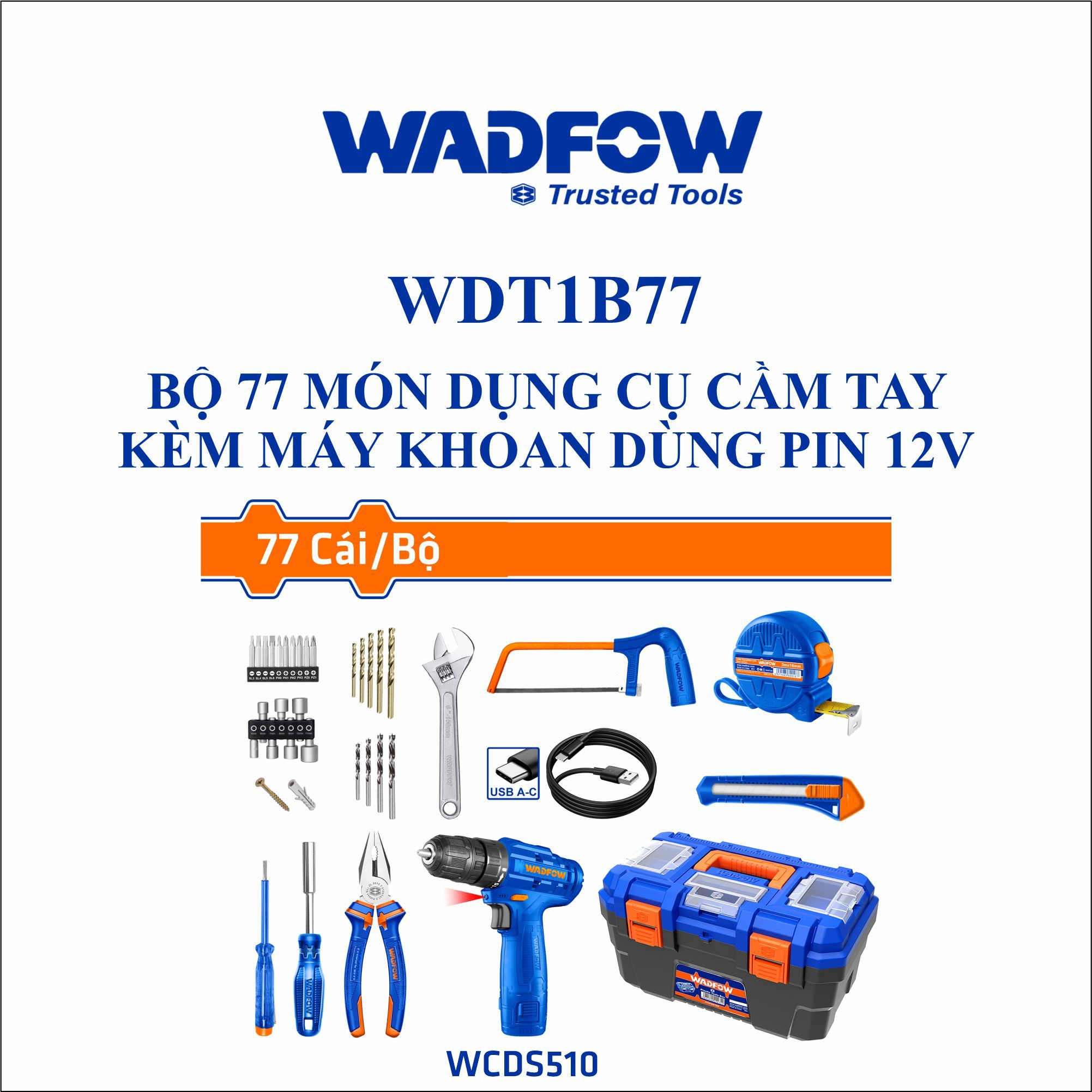  Bộ 77 món dụng cụ cầm tay kèm máy khoan dùng pin 12V WADFOW WDT1B77 