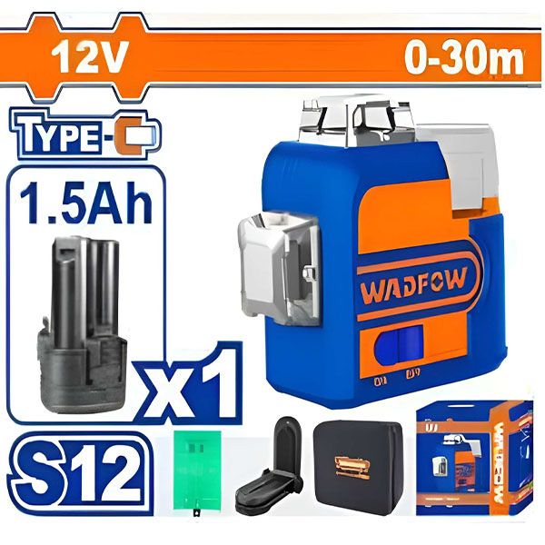 Máy cân bằng tia laser 3D dùng pin 12V 3 tia xanh WADFOW WLE8M12
