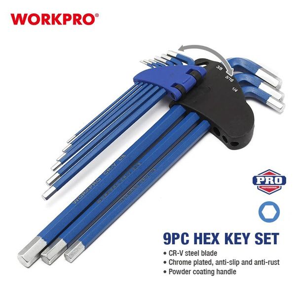 Bộ lục giác đầu bằng loại dài 9 chi tiết hệ inch Workpro WP222015