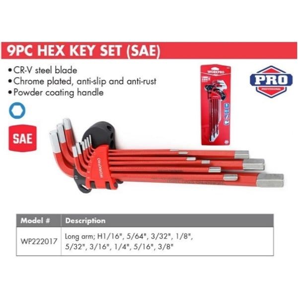 Bộ lục giác đầu bằng loại dài 9 chi tiết hệ inch Workpro WP222017