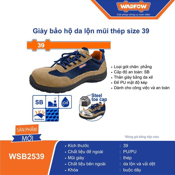 Giày bảo hộ da lộn mũi thép size 39 WADFOW WSB2539